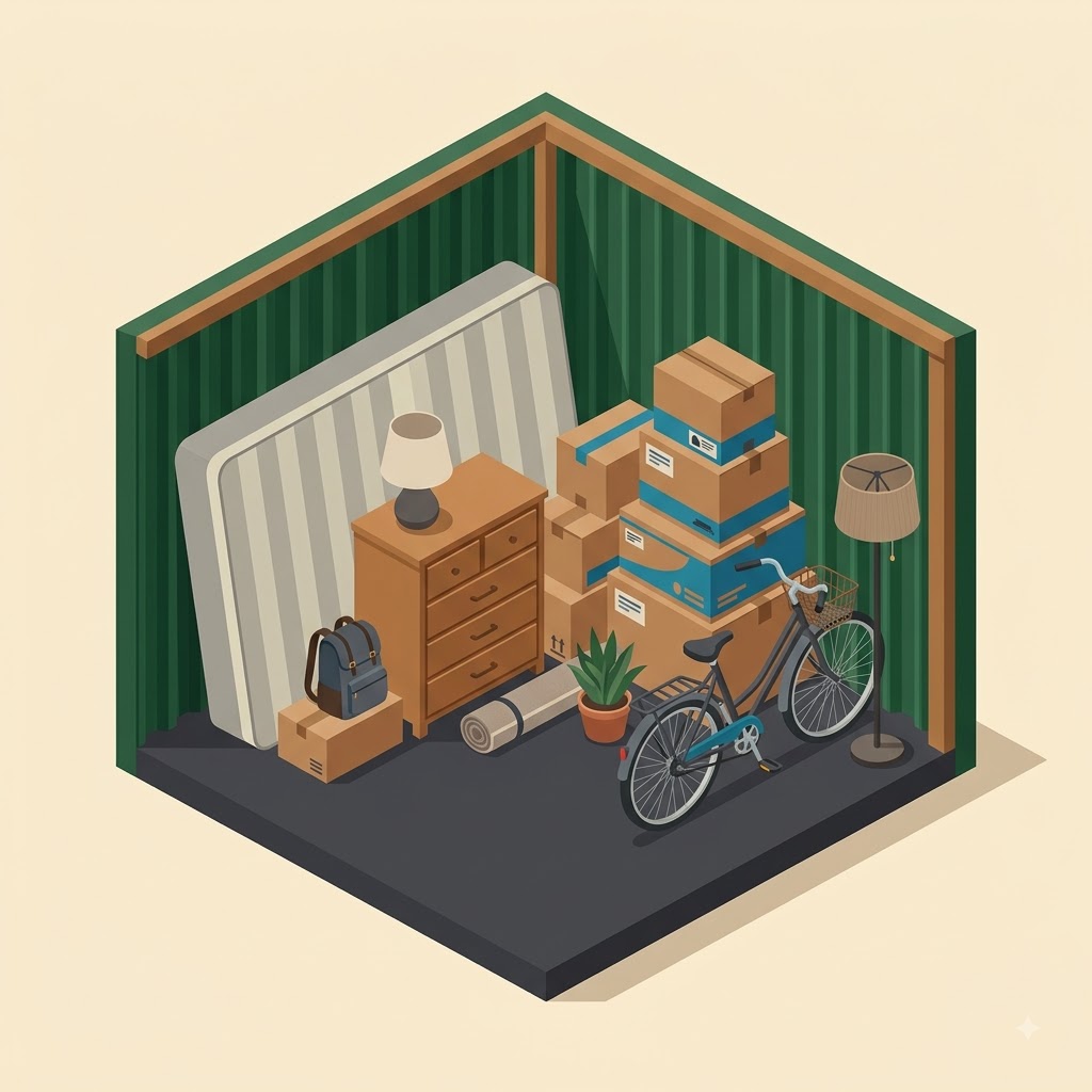 A 10x10 unit packed with a one-bedroom apartment: mattress, dresser, boxes, and a bicycle