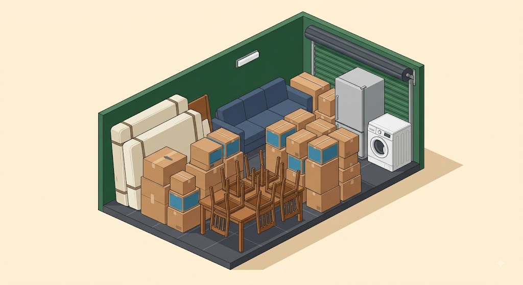 A 10x20 unit packed with a household: sofa, dining set, refrigerator, washer, mattresses, and boxes